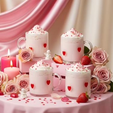 Imagem de SiliFine Pacote com 4 copos de vidro com ícone do Dia dos Namorados 400 ml canecas de coração com alça transparente copos duplos à moda antiga soprados à mão para coquetéis para mulheres, presente de