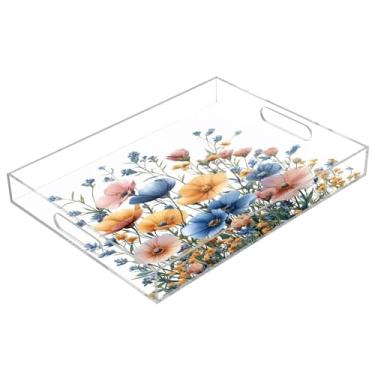 Imagem de STAYTOP Bandeja acrílica para servir flores silvestres em aquarela 15,7 x 11,20 cm, bandejas decorativas à prova de derramamento, organizador de bancada para café da manhã, chá, comida, maquiagem