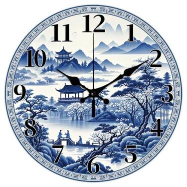 Imagem de CHGCRAFT Relógio de parede de porcelana azul e branco, 30,5 cm, pintura de paisagem oriental, relógio de casas, placa de madeira, relógios decorativos redondos para quarto, sala de estar, cozinha