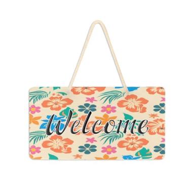 Imagem de Burbuja Placa de boas-vindas de flores de hibisco para porta da frente, placa de boas-vindas de PVC para decoração de férias de casa de fazenda, 15 x 28 cm