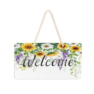 Imagem de Burbuja Girassóis Flores Roxas Placa de Boas-Vindas para Porta da Frente, Placa de Boas-Vindas de PVC para Decoração de Férias de Varanda e Quinta, 15 x 28 cm