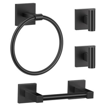 Imagem de Conjunto de anéis de toalha, conjunto de acessórios de banheiro de 4 peças, inclui anel de toalha, 2 ganchos de toalha e suporte de papel higiênico de aço inoxidável montado na parede (preto fosco)