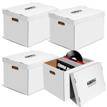 Imagem de AOBOPLE Pacote com 4 caixas de disco de vinil, caixas de armazenamento de discos de vinil de 30 cm com tampa e alça, comporta até 90 discos de 30 cm cada, caixa de papelão para discos, valiosa coleção