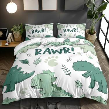 Imagem de AILONEN Conjunto de capa de edredom de dinossauro, tamanho Queen, 3 peças, estampa de dinossauro, verde, para crianças, meninos, capa de edredom de microfibra macia com fecho de zíper, 1 capa de