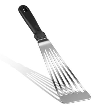 Imagem de Espátula de peixe de aço inoxidável com alça ergonômica antiderrapante, espátula de ovo com design inclinado, espátulas flexíveis adaptáveis para grelhar ao ar livre, cozinhar omeletes de peixe e