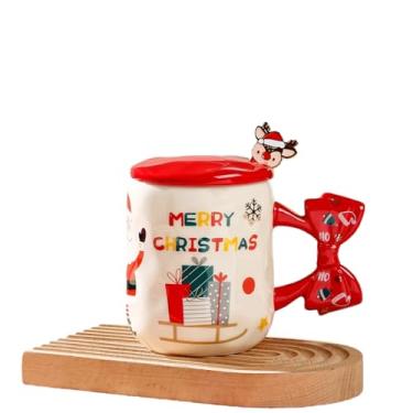 Imagem de CWPJUNDGP Caneca de cerâmica de desenho animado de Natal com tampa e colher, 401-500 ml, Papai Noel/Rena/boneco de neve, perfeita para escritório em casa, Natal