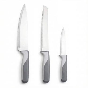 Imagem de Conjunto de Facas em Aço Inox com Cabo de Plástico, 3 Peças, Faca Chef, Faca de Pão, Faca Utilitária, Cinza