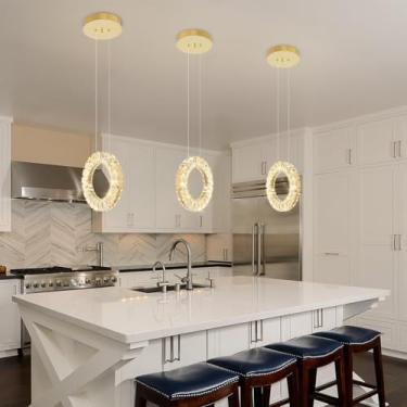 Imagem de Luminária pendente moderna de LED com cristais, ideal para ilha de cozinha, cabeceira ou penteadeira. Altura ajustável, perfeita para quarto, sala de estar, banheiro, sala de jantar e corred