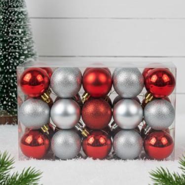 Imagem de Kit Premium de Bolas de Natal, 24 Unidades em Vermelho e Prata, Acabamentos Brilhante, Fosco e Glitter, Decoração para Árvore de NATAL