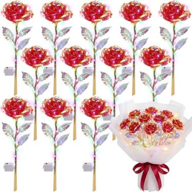 Imagem de Lyrow 12 peças de flores de LED com luz de rosa, colorido, artificial, arco-íris, galáxia, para namorada, mãe, dia das mães, aniversário, casamento, dia dos namorados, 24 cm (vermelho)