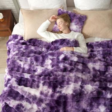 Imagem de Cozy Bliss Cobertor de pele sintética para sofá, cobertor de pelúcia com bolhas, tamanho king, cobertor macio e espesso para cama, sofá, sala de estar, 262 x 234 cm, tie-dye roxo
