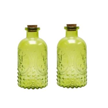 Imagem de Gyaxiang 2 frascos difusores de palheta de vidro verde com tampa de cortiça, frascos decorativos de difusor de boticário, vaso de botão de flores pequeno, recipiente de aromaterapia para difusor de