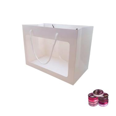 Imagem de Kit Sacola Branca Com Visor 24x12x31 cm E Fita Cetim Rolo 22 mm x 50 metros