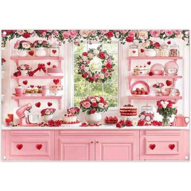 Imagem de YCUCUEI 2,1 x 1,5 m Tecido Dia do Amor Rosa Pano de Fundo de Cozinha Coração Vermelho Flores Rosas Bolo de Morango Fundo Fotográfico Decorações de Festa de Aniversário Romântico Banner de Cabine de
