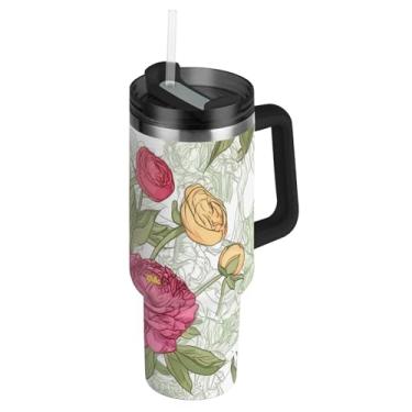 Imagem de Joisal Copos com tampa e canudos floral peônia primavera 1,134 g copo com alça à prova de vazamento bonito garrafa de água isolada aço inoxidável caneca de café quente para carros
