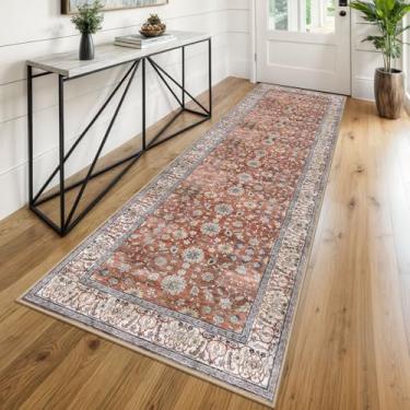 Imagem de KUTA Tapete vintage lavável, 6 x 20 cm de terracota para corredores, tapetes de cozinha, ultrafino, macio, estampado, oriental, desgastado, floral, tapete para lavanderia, quarto, sala de estar
