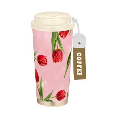 Imagem de TSENQUE Copo de café de 473 ml com revestimento cerâmico, caneca de café de aço inoxidável com tampa e canudo, copo isolado a vácuo, estampa de flores vermelhas e rosa