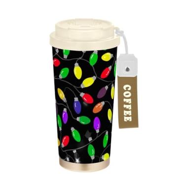 Imagem de TSENQUE Caneca de café de viagem 16+ Oz, copo de café com revestimento cerâmico com tampa e canudo, copo isolado a vácuo de aço inoxidável, luzes de Natal coloridas pretas