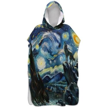 Imagem de Joisal Roupão trocador de lobo noite estrelada azul para adultos poncho de surfe com capuz toalha de natação vestível feminino ponchos com capuz