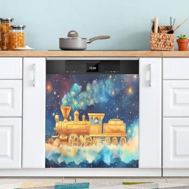 Imagem de Capa para lava-louças Train Stars amarelo azul ímã reutilizável geladeira ímã capa portátil bancada lava-louças capa 58 x 66 cm