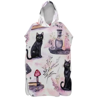 Imagem de Joisal Gatos Pretos Flores Roxas Surf Poncho Trocador Roupão para Adultos Praia Moletom Toalha Floral Absorvente Unissex Adulto Poncho com Capuz