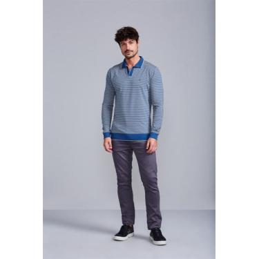 Imagem de Camisa Polo Manga Longa Malha Slim Fit - Azul Noturno / Verde Folha - 
