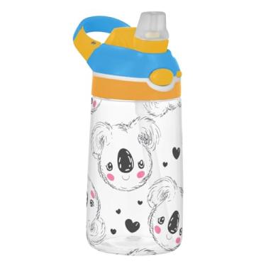 Imagem de White Koalas Hearts Garrafa de água preta infantil com canudo 473 ml Tritan 473 ml Garrafa de água esportiva reutilizável à prova de vazamento para crianças, portátil, alça de transporte