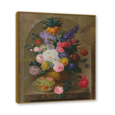 Imagem de Moldura de teca. Arte em tela floral country, pintura botânica vintage de natureza morta, decoração de parede de cozinha de fazenda emoldurada para sala de jantar. B30. 40 x 48 cm-15,7 x 18,9 pol