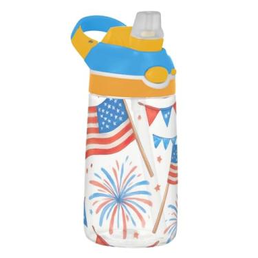 Imagem de Garrafa de água infantil com desenho animado branco American Flags para escola, 473 ml, 473 ml, garrafa de água esportiva Tritan com canudo, copo portátil à prova de vazamento, alça de transporte