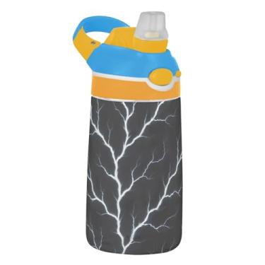 Imagem de Garrafa de água infantil portátil de 473 ml Tritan Sports com canudo reutilizável à prova de vazamento, alça de transporte, ramificação branca, preto relâmpago