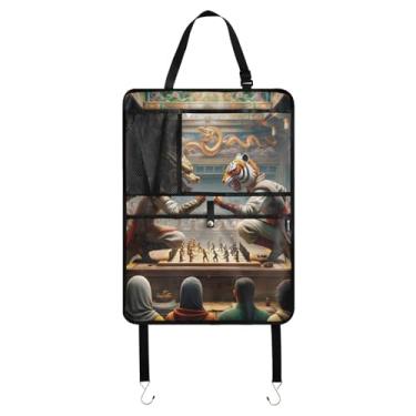 Imagem de Joitme Armazenamento traseiro do assento de carro dourado da Chess Battle, pacote com 2 protetores de chute, organizador de brinquedos para carro no banco traseiro