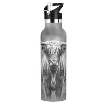 Imagem de Joisal Garrafas de água isoladas de aço inoxidável de 590 ml com tampa de palha, linda garrafa de água cinza de vaca Highland para meninos, meninas, copos de viagem para crianças, parede dupla, à