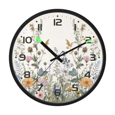 Imagem de SEHANY Herb Wildflower Relógio de parede silencioso sem tique-taque relógio redondo operado por bateria 30 cm controle de som luz noturna relógios de parede para sala de estar, cozinha, quarto