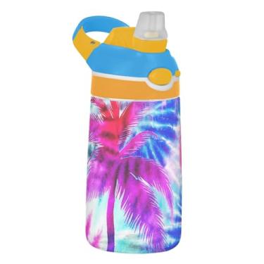 Imagem de Garrafa de água infantil Tropical Palm Tree Tie Dye para escola, 473 ml Tritan 473 ml Garrafa de água esportiva com canudo, copo reutilizável para crianças, portátil, alça de transporte