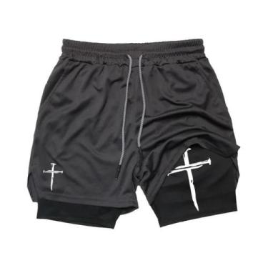 Imagem de Shorts De Corrida Masculinos Com Estampa De Cruz Cristã 2 Em 1 Para Tr
