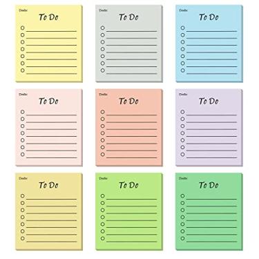 Imagem de 9 blocos para fazer para listar notas adesivas, 450 folhas pautadas bloco de notas de cores sortidas lista de lembretes para agenda diária, lista de verificação de reuniões, materiais de escritório em