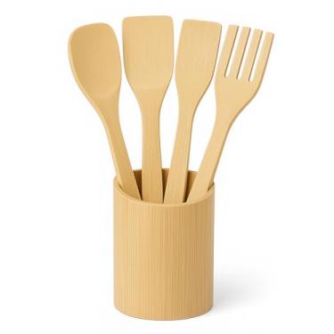 Imagem de Kit Utensílios de Bambu 4 Peças com Porta-Utensílios – Colher, Espátula e Pegador Sustentáveis – Cozinha Antirrisco, Ecológica e Resistente