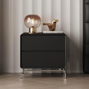 Imagem de Modern Wood Night Stand, PU Leather Upholstery, Stainless Steel Legs, Large-capacity Double-drawer Storage, Rounded Corners, Suitable for Bedrooms and Living Rooms(Black,40*40*50cm/16*16*20in)