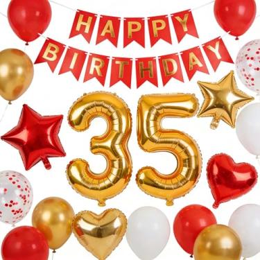 Imagem de Decoração de festa de aniversário de 35 anos para ele, ouro vermelho, faixa de aniversário de 35 anos, número 35 balões de confete de alumínio para torcer até 35 anos, artigos de festa de aniversário