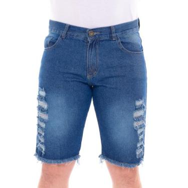 Imagem de Bermuda pistolada jeans azul masculina rasgada com barra desfiada - Ss