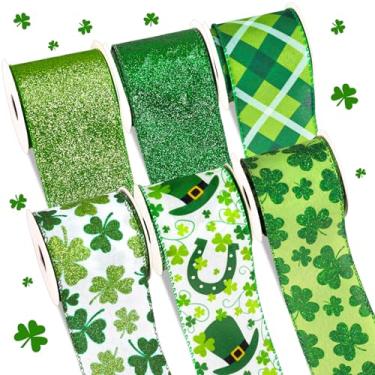 Imagem de Whaline 6 rolos de fitas de borda com fio do dia de São Patrício 30 jardas fita de artesanato xadrez verde glitter trevo trevo fita de embrulho para decoração de casa de festa de laço, 6,3 cm