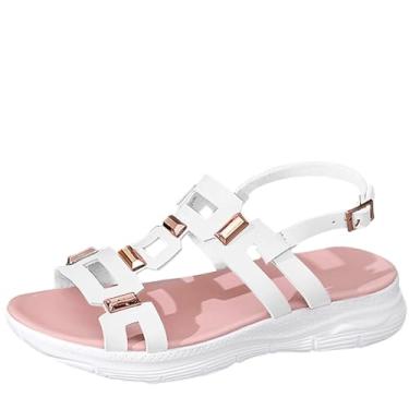 Imagem de Sandálias rasteiras casuais femininas vazadas com uma alça estilo retrô para praia, leve, confortável, Branco, 34