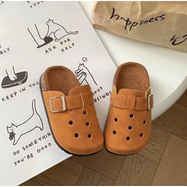 Imagem de Sandália infantil com design perfurado, fivela ajustável, palmilha de cortiça, confortável, salto aberto, calçado casual, Marrom, 9 Toddler