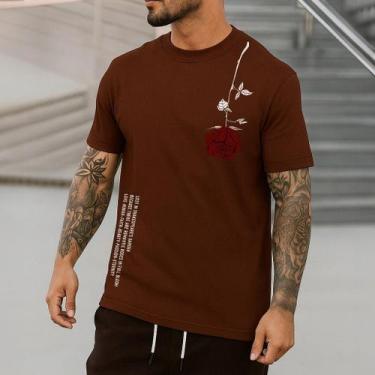 Imagem de Camiseta Masculina Floral Diverse Camisa 100% Algodão, Marrom, M