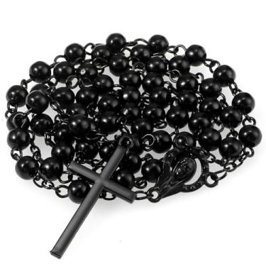 Imagem de OEMOO Rosário católico, colar de rosário com bolsa de couro, contas de oração pretas presentes cristãos para mulheres presentes católicos