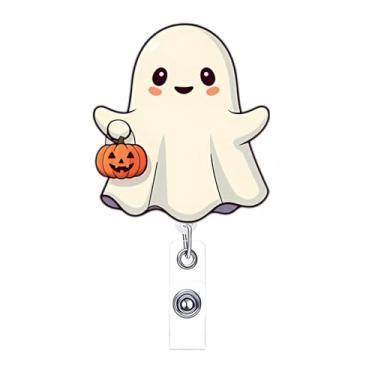 Imagem de Carretel de crachá de Halloween acrílico retrátil porta-crachá fofo pequeno fantasma e abóbora com clipe jacaré para enfermeiras, professores, estudantes, trabalhadores de escritório, bobinas de