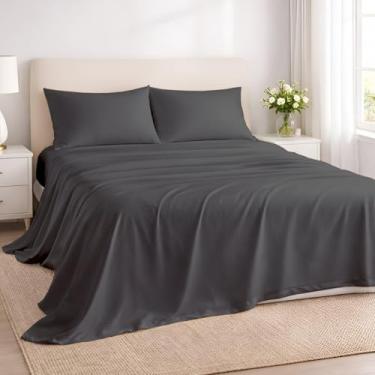 Imagem de Lençóis de casal - Algodão egípcio 600 fios - Lençol com elástico profundo de 38 cm - Lençóis refrescantes - Jogo de lençol premium de 4 peças para cama de casal - Cinza escuro liso