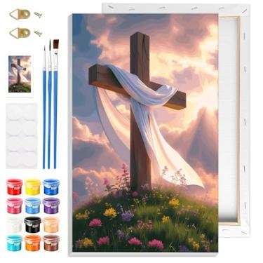 Imagem de GHHKUD Kits de pintura cruzada por números para adultos com moldura, pintura DIY por cores, adultos, crianças, Páscoa, números de pintura emoldurada em tela, presentes para decoração de casa 20 x 30
