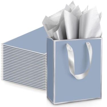 Imagem de Yeaqee Pacote com 24 sacos metálicos de papel para presente com alça e tecido, 24 x 19 x 7 cm, sacos de presente de boas-vindas para casamento, outono, 5 sentidos, Natal, dama de honra, aniversário