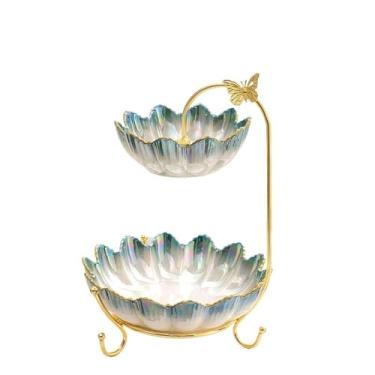 Imagem de Bandeja de cerâmica para decoração de pratos de frutas com prateleira de metal, tigela de frutas de cerâmica, suporte de frutas para bancada, suporte de cesta de frutas, tigela de legumes, lanches